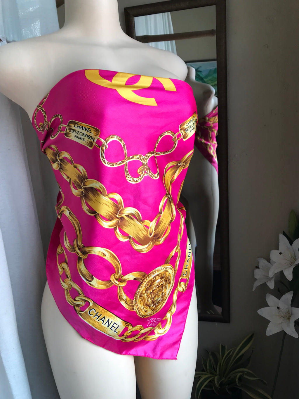 Chanel hot pink large silky scarf
