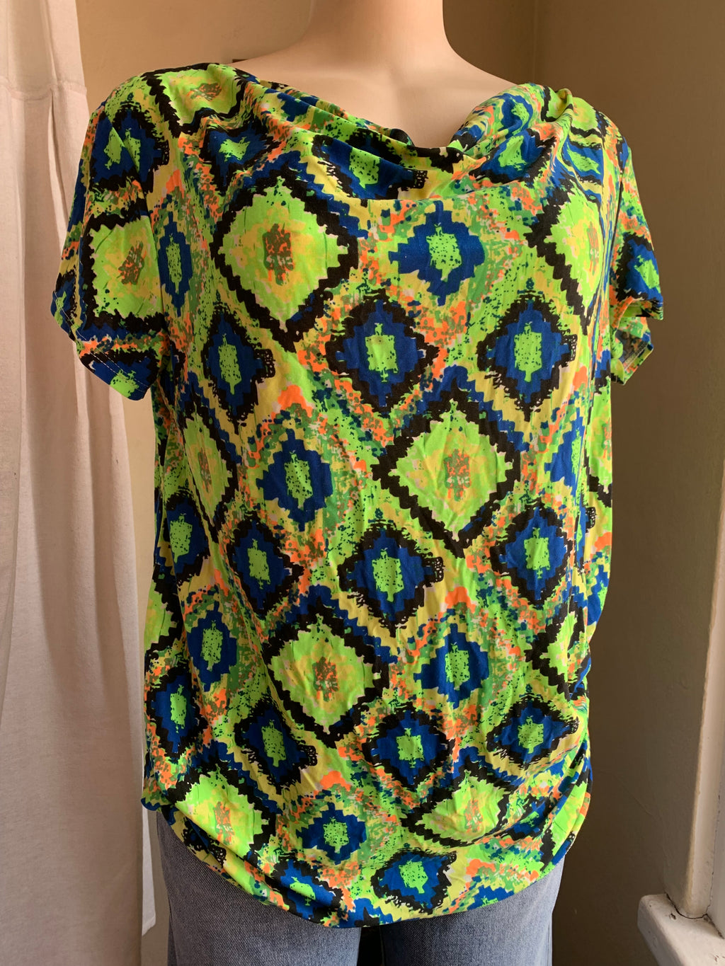 retro green blue print blouse work/play …XL with stretch