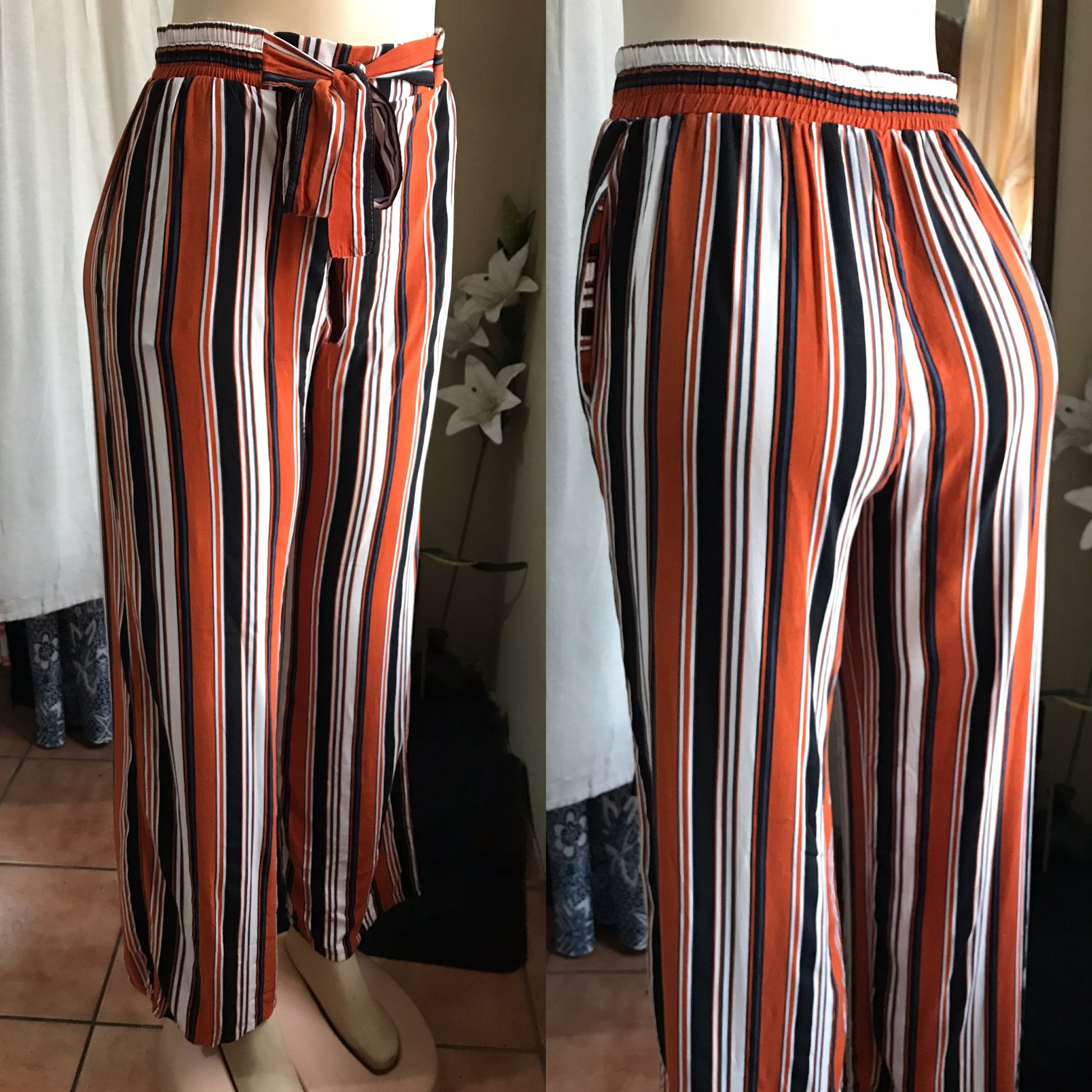 rust stripe loose pants tied ::: m
