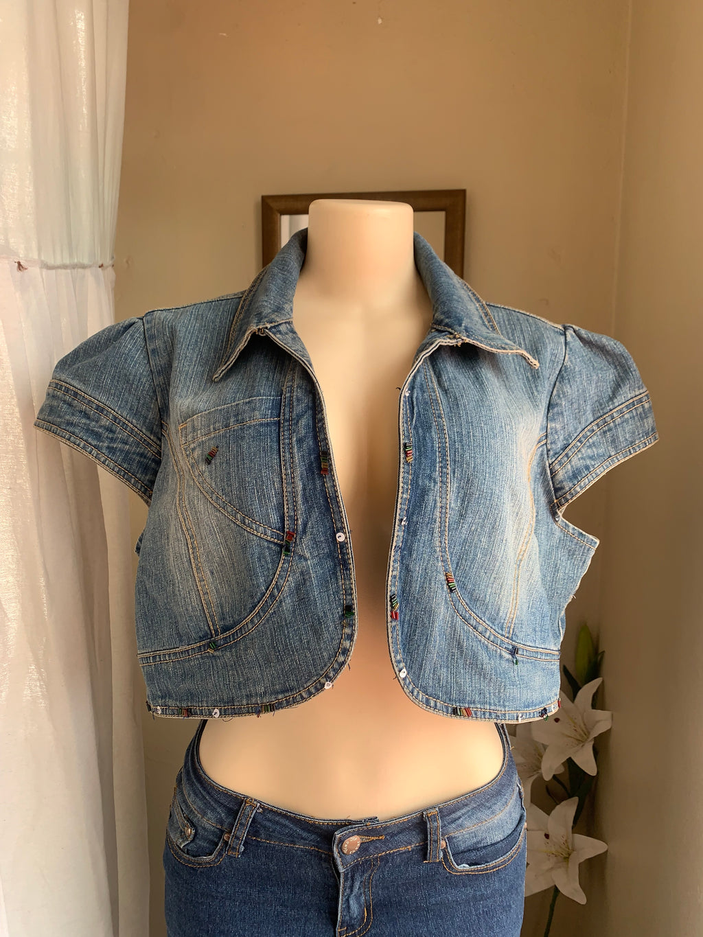 Denim short sleeve topper piece with beading details 2x >>>