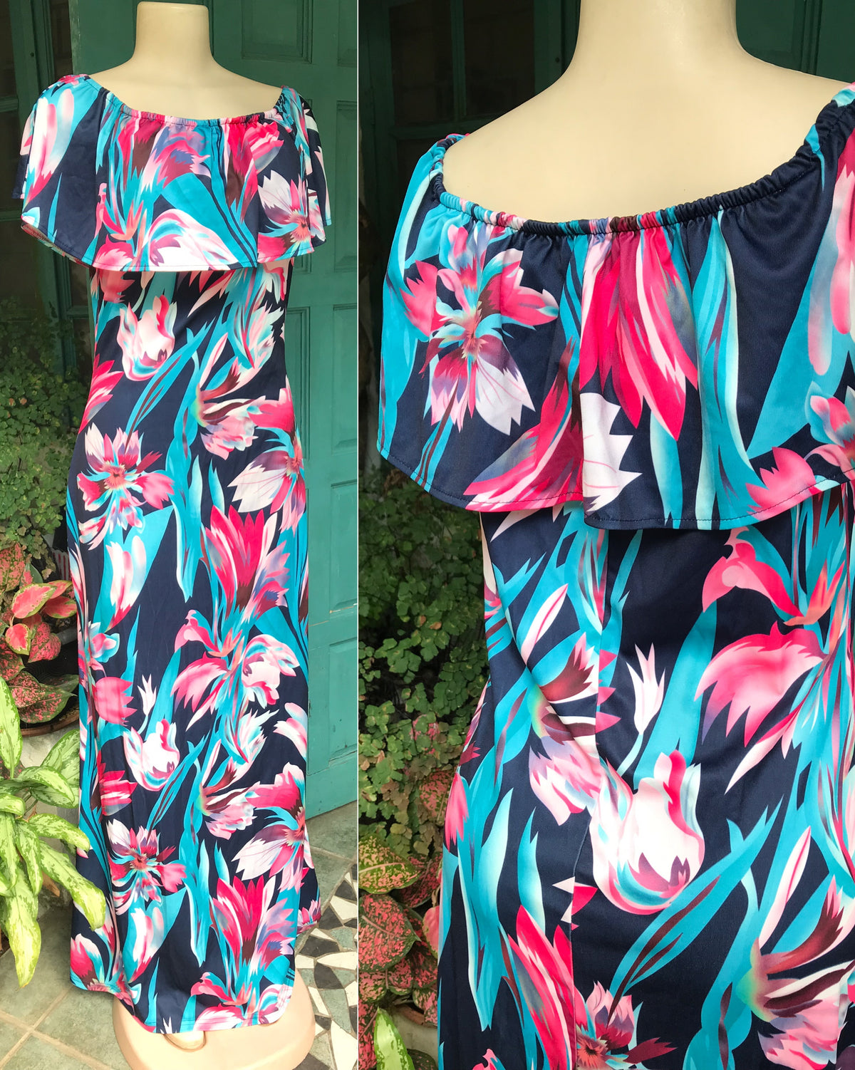 tropical floral dress off the shoulder maxi XL