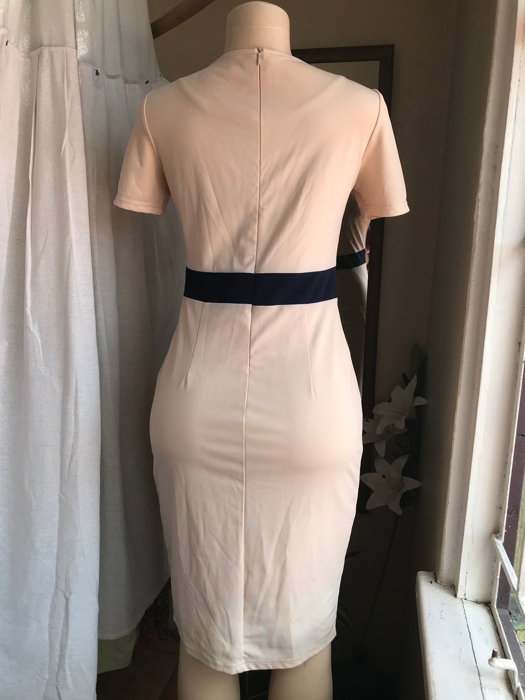 Pink professional midi dress with black accents M