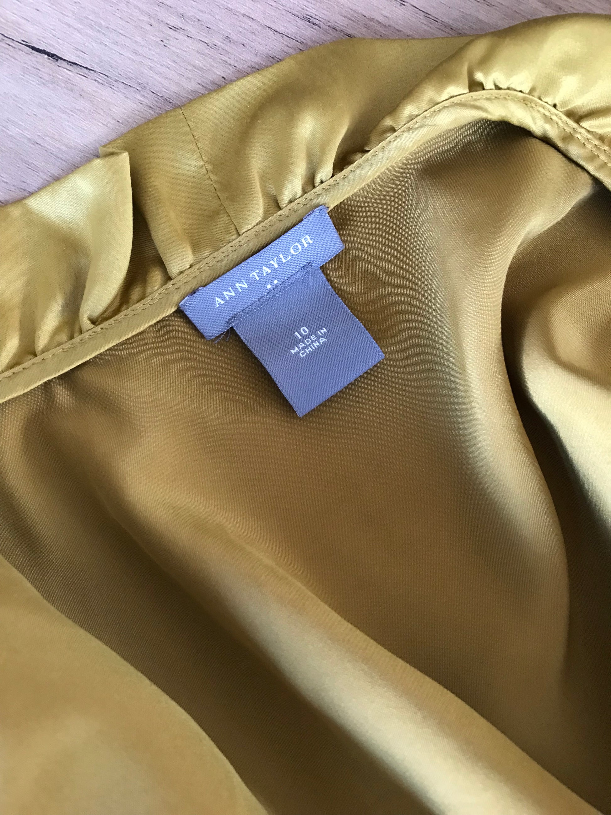 Ann Taylor gold silky professional wrap blouse frill... M