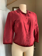 Load image into Gallery viewer, 100% Silk burgundy shirt with velvet beaded detail lining … M
