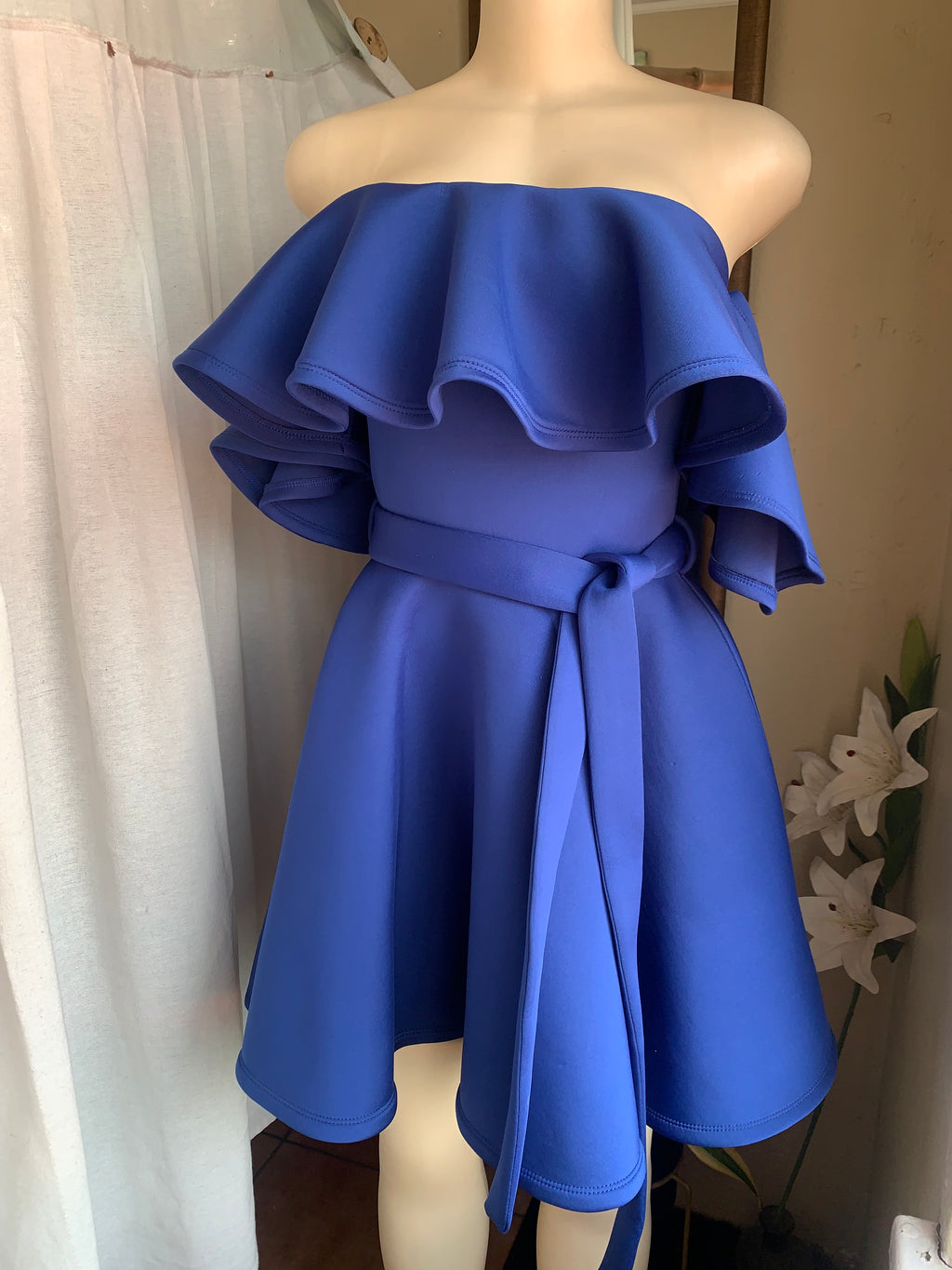 Off the shoulder Royal blue statement dress with belt S/M