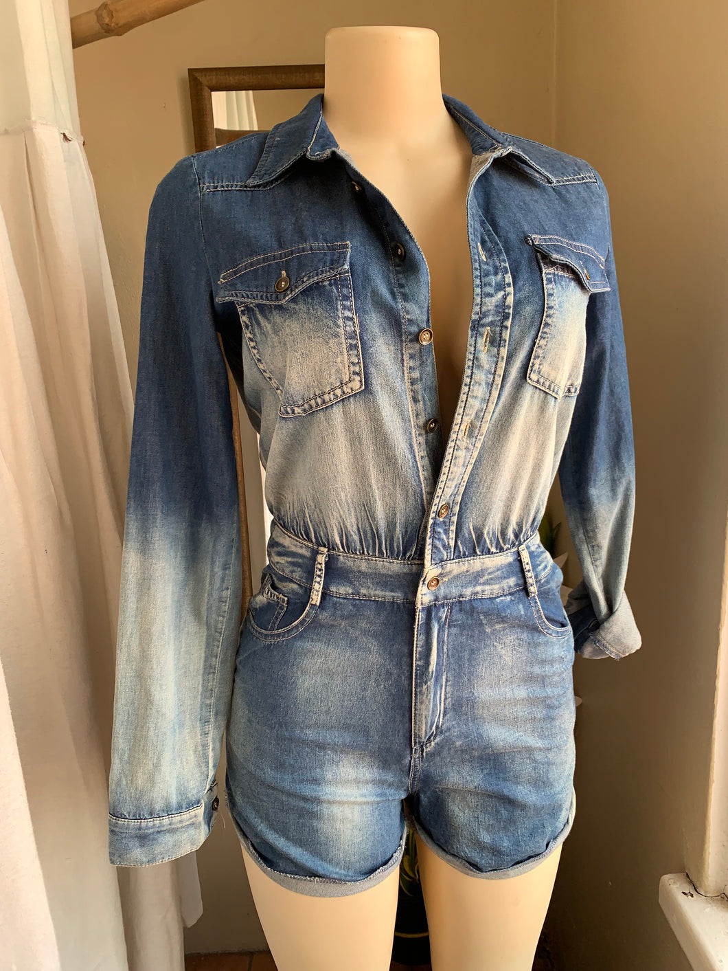 new tag Faded design button up denim romper ~~~ s/m