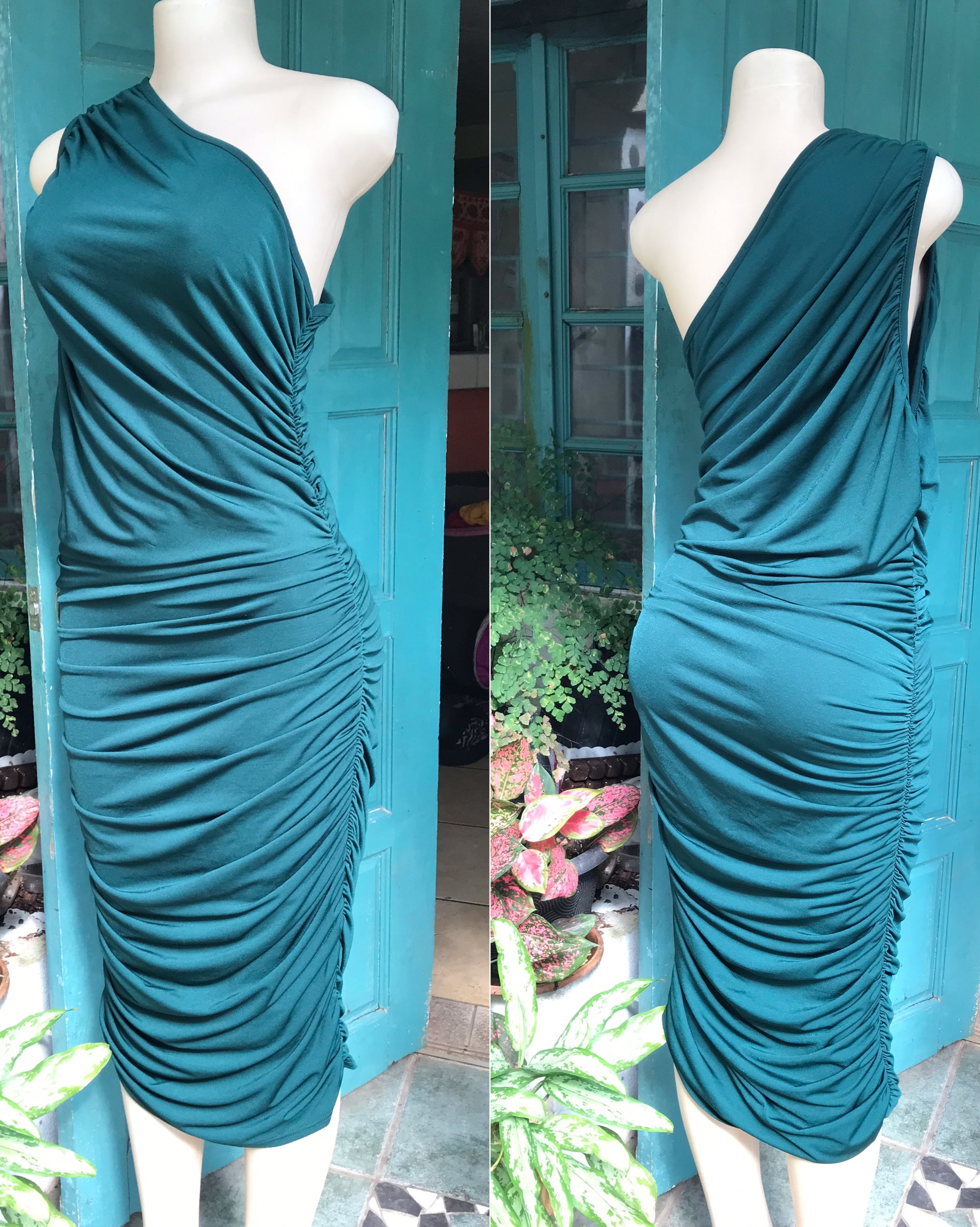 emerald green ruche dress one shoulder semi formal XL