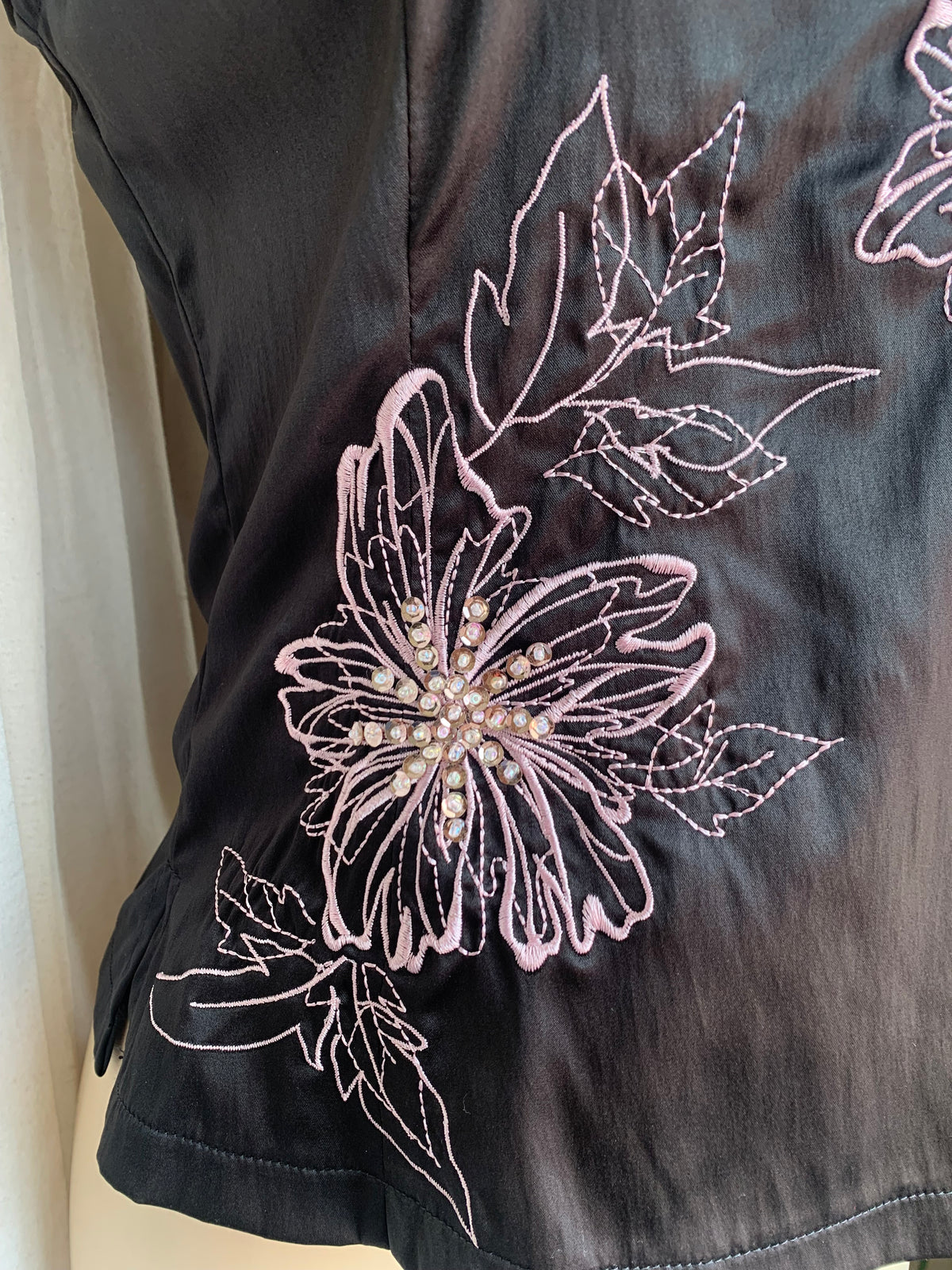 Oriental silky pink embroidery black top … Size 16 / L