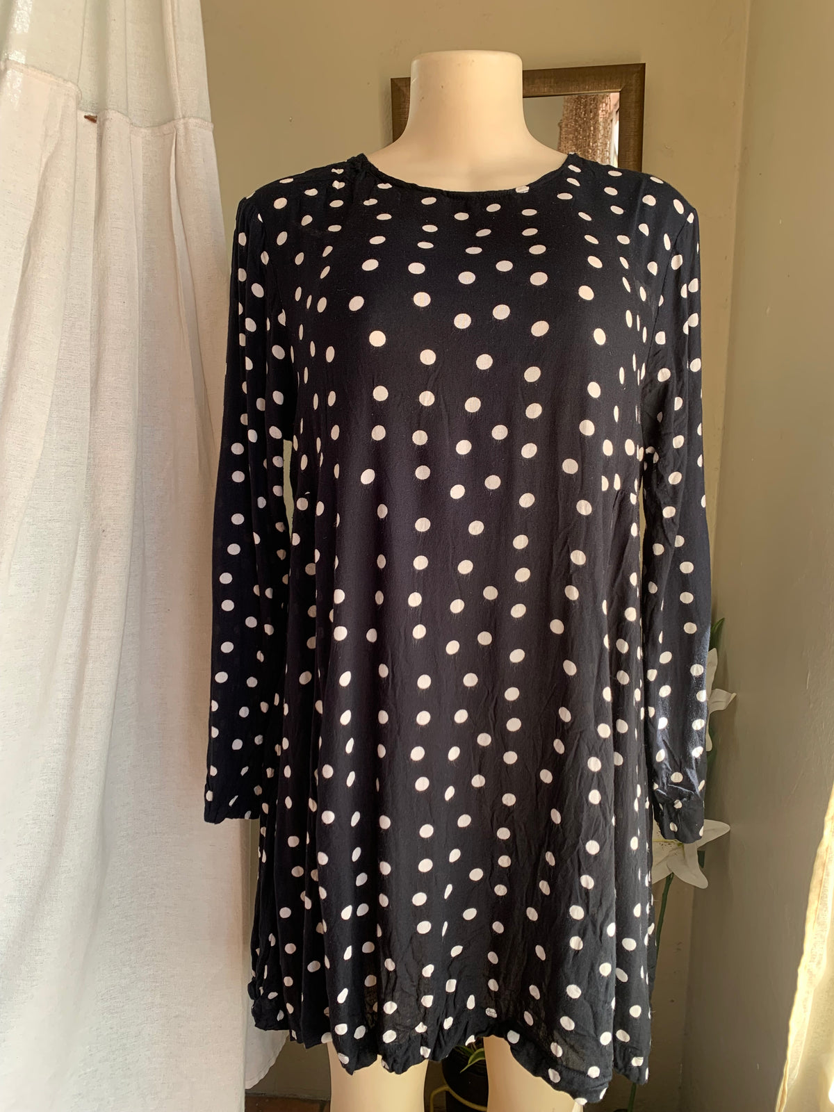 navy sheer polka long sleeve dress L