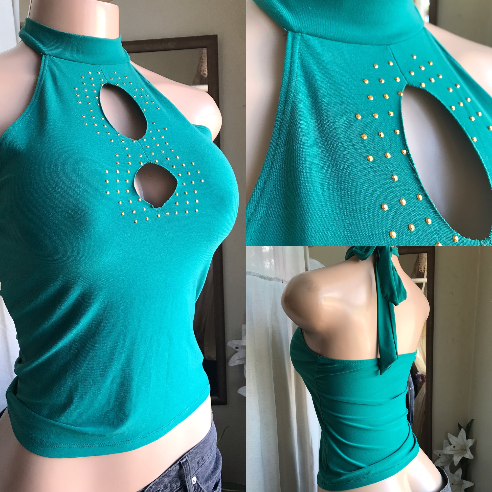 Y2K teal green halter top stretchy with rhinestones ... medium to Large