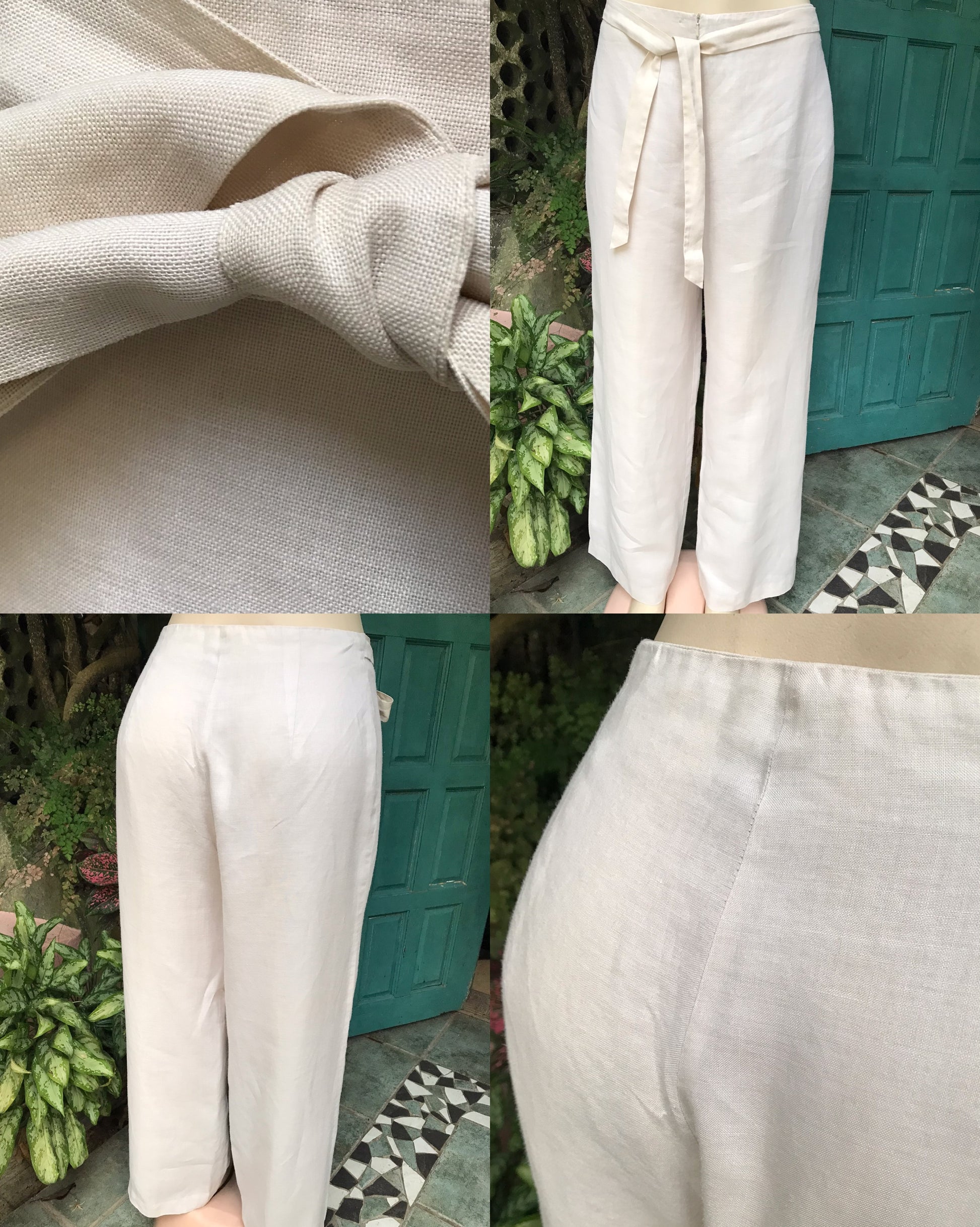 100% linen eggshell elegant tied pants work/casual ::: size 12/m ,,,