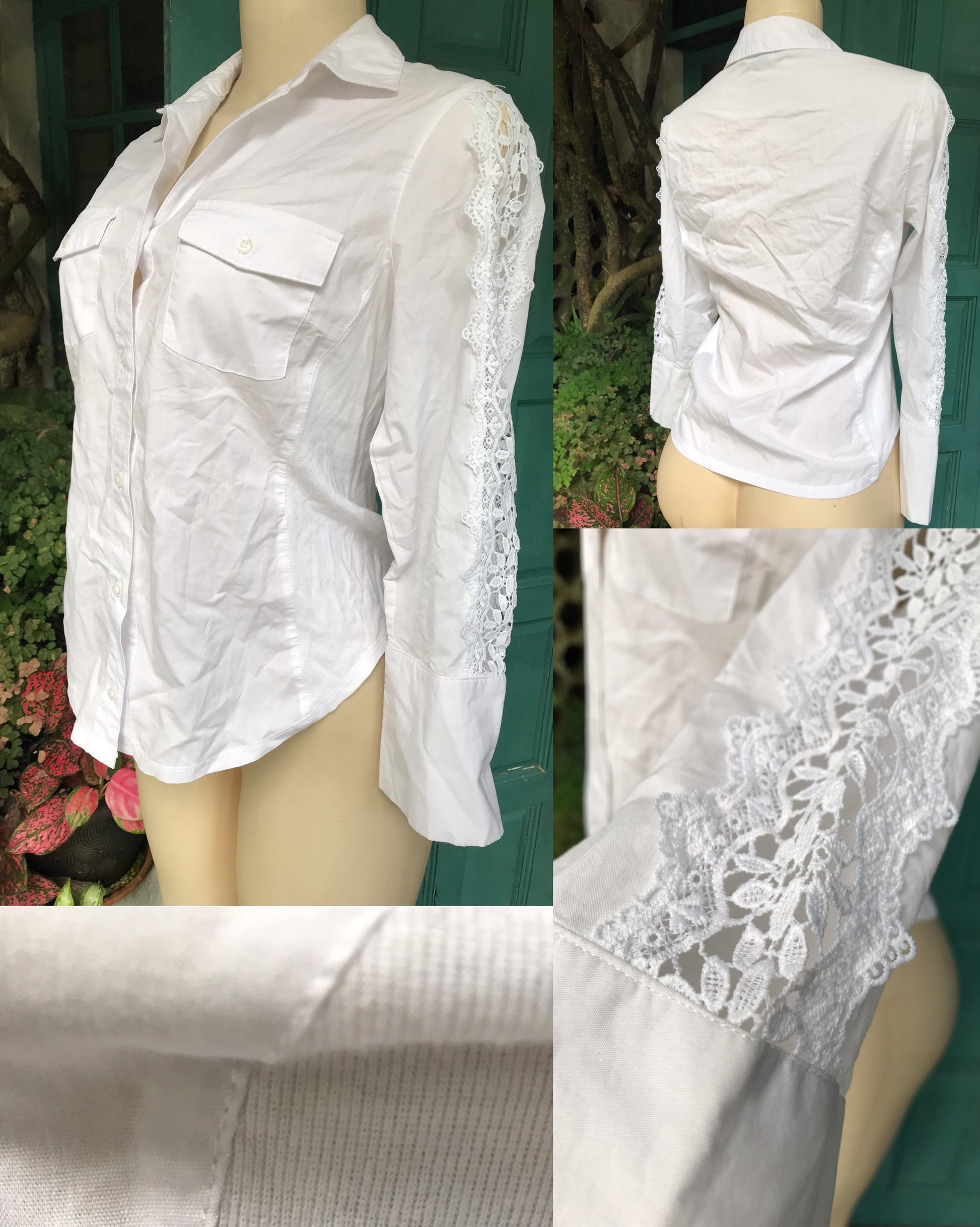 white eyelet sleeve button shirt ... petite medium ,,, cotton blend