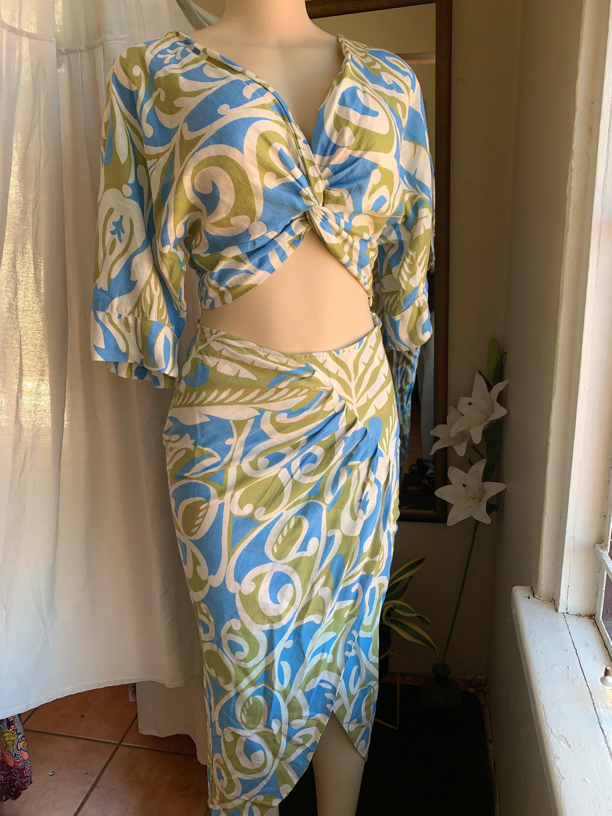 Blue+Green two piece vacation skirt set Small