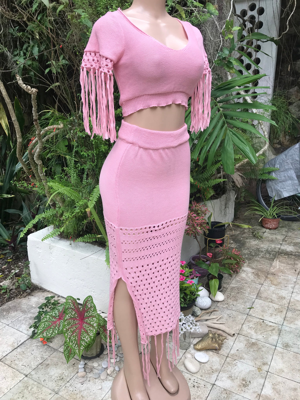 pink knit skirt set tassel  1 size