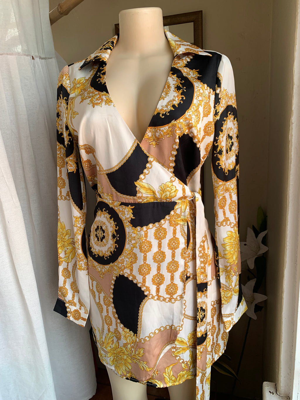 gold chain wrap ornate dress with collar M