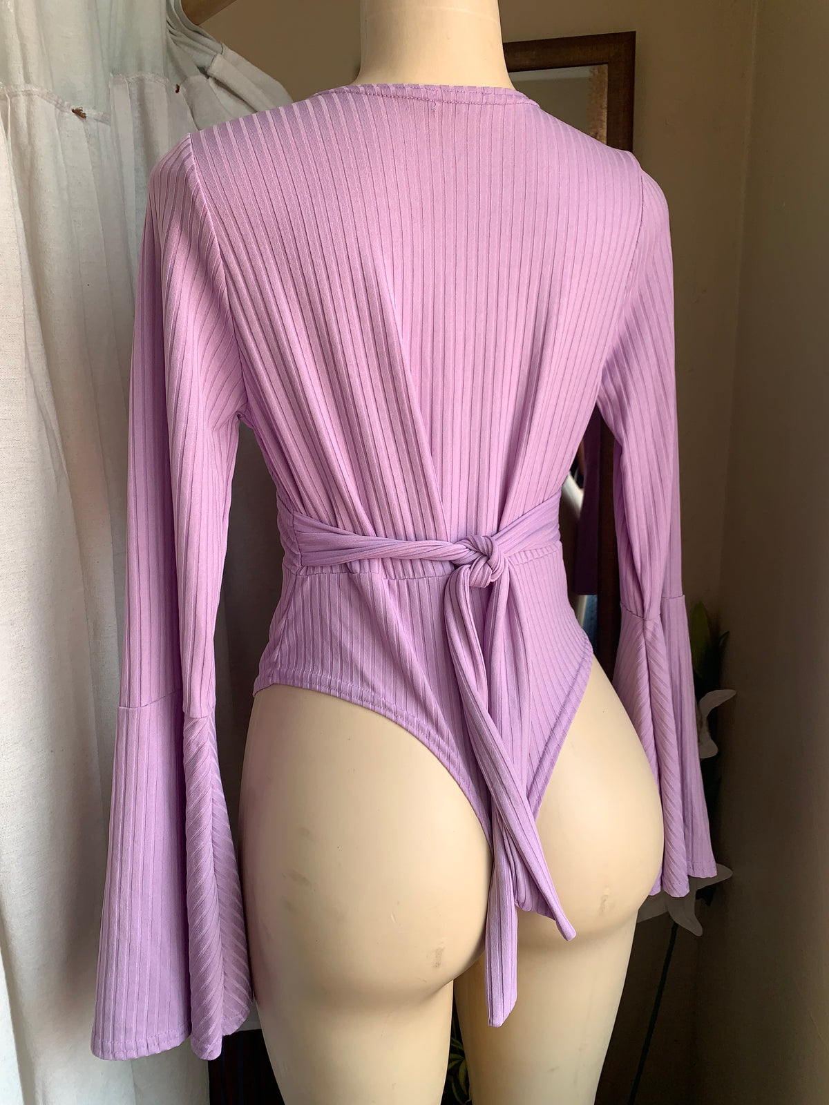 Lavender long sleeve ribbed bodysuit with tie back … US 8 / M