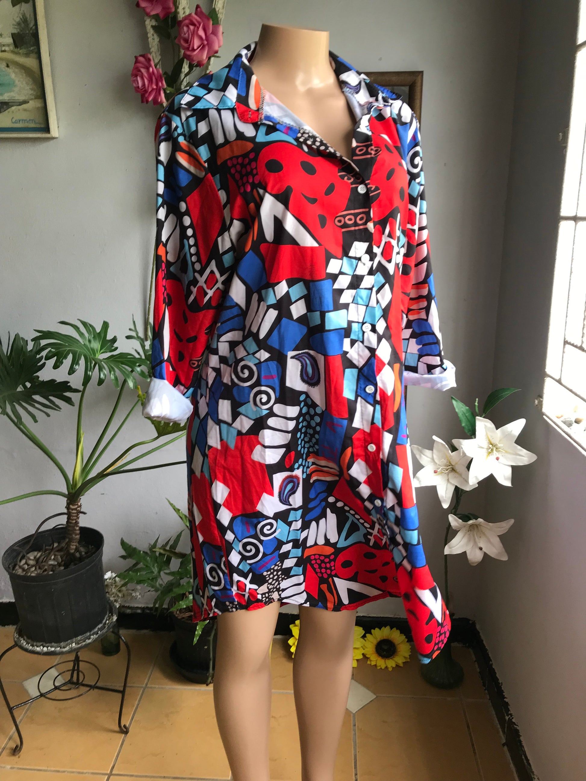 red multicolour bold print shirtdress .. large to plus /XL (stretch)