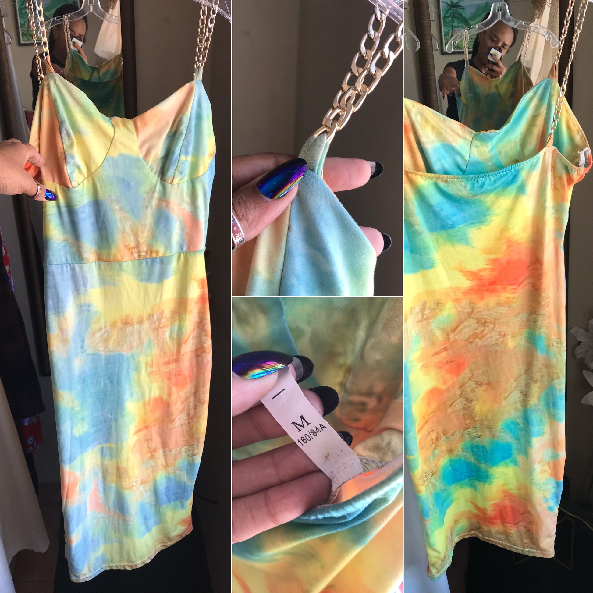 tie dye bodycon dress gold chain straps soft . m