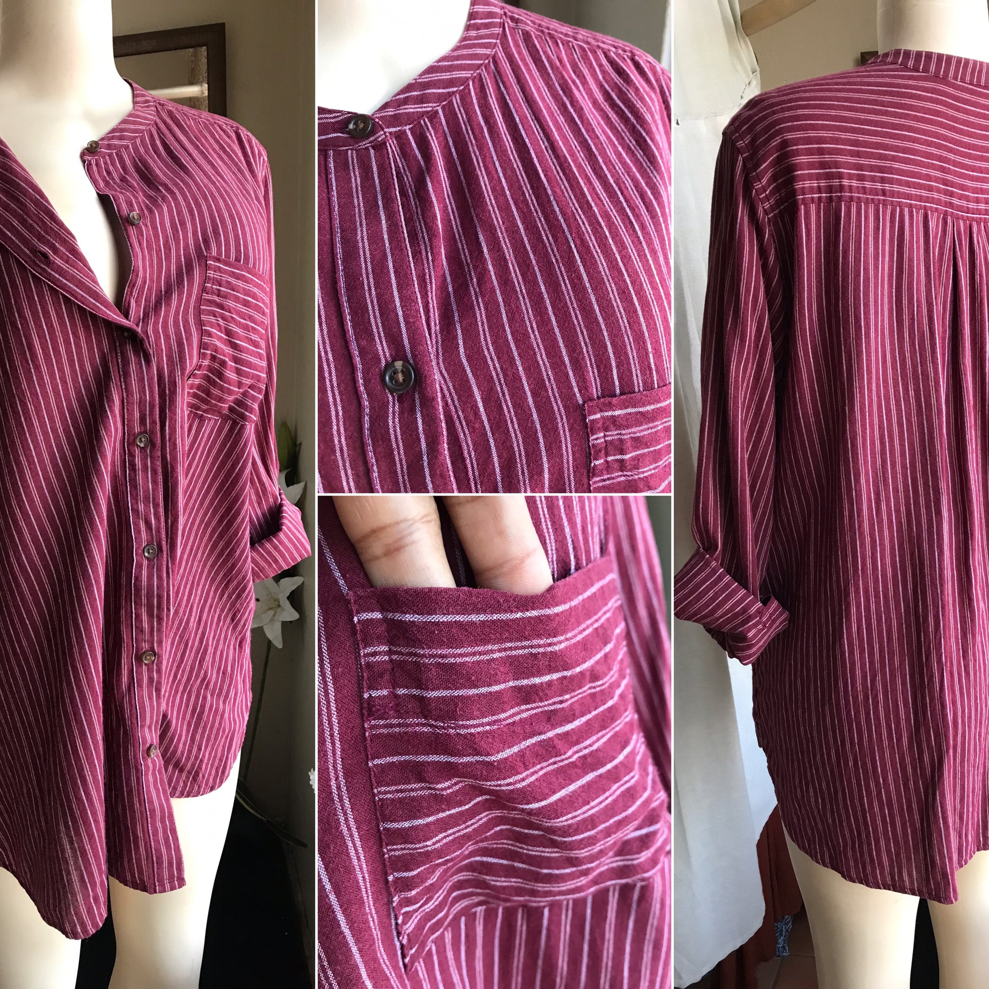 organic maroon stripe button blouse /xl