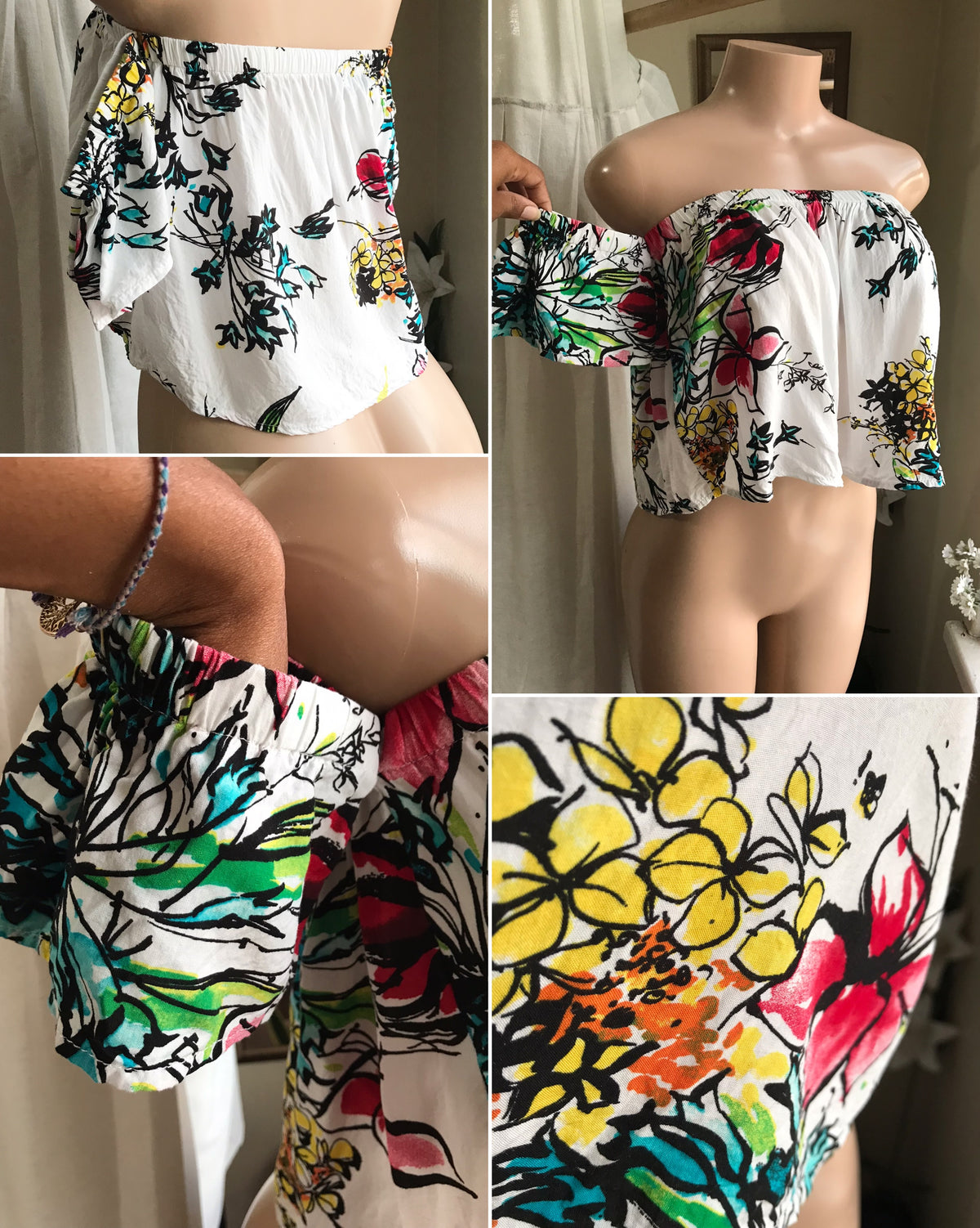 white floral detached shoulder flounce top cotton blend ... m ,,,