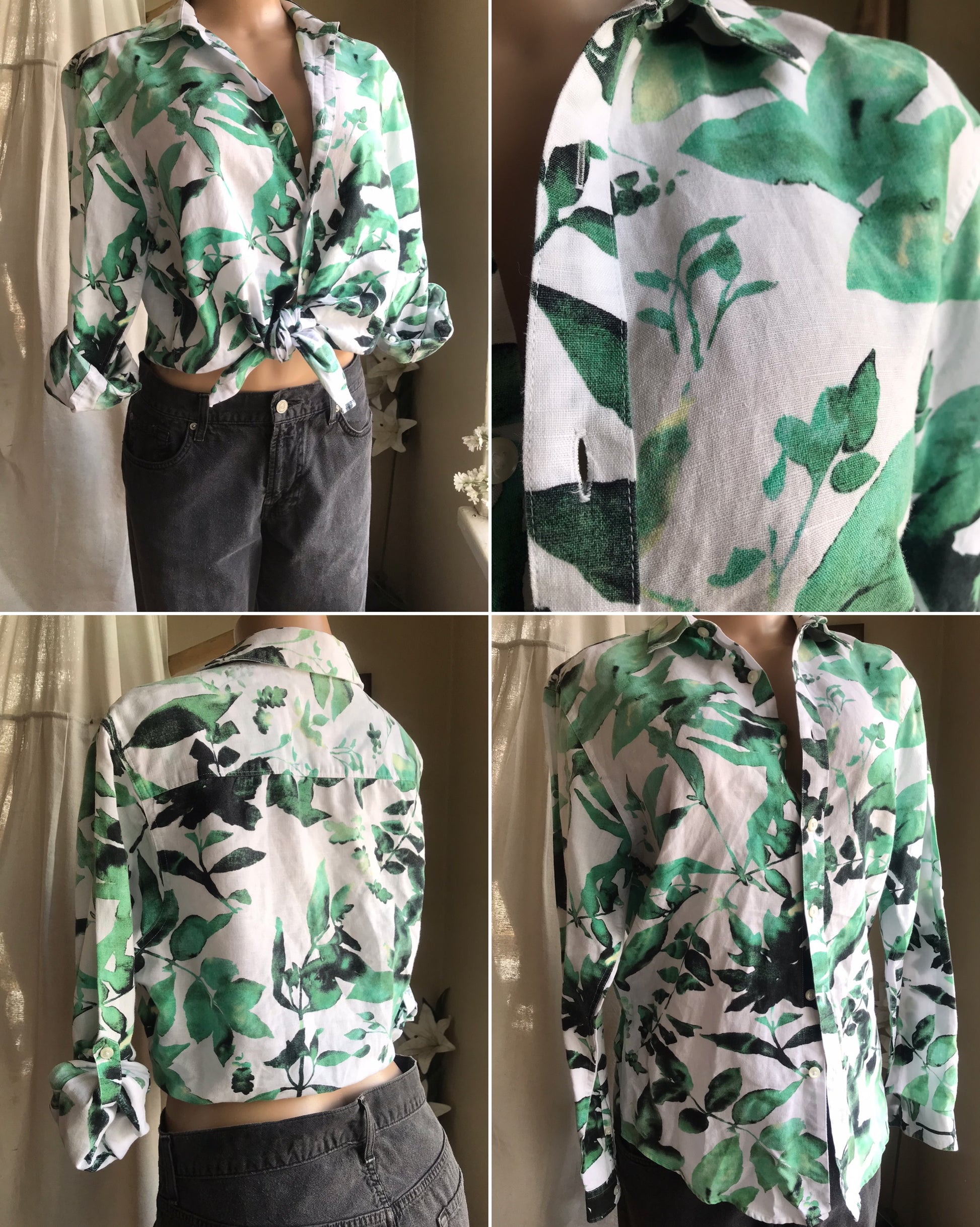 linen leaf print button shirt cuffed vintage ... M/L ,,, ^^^