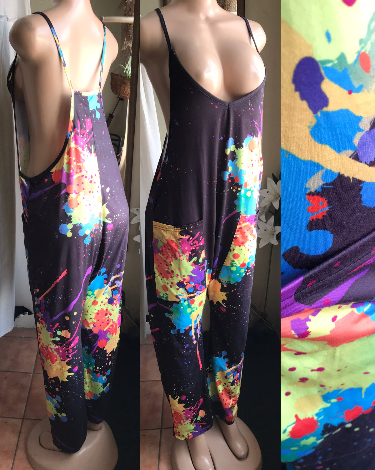 black paint splatter multicolour jumpsuit deep pockets ~~~ M to L
