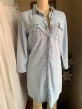 Load image into Gallery viewer, Denim shirt dress with contrast black stitching+vintage buttons ^^^ fits up to a small medium ,,,
