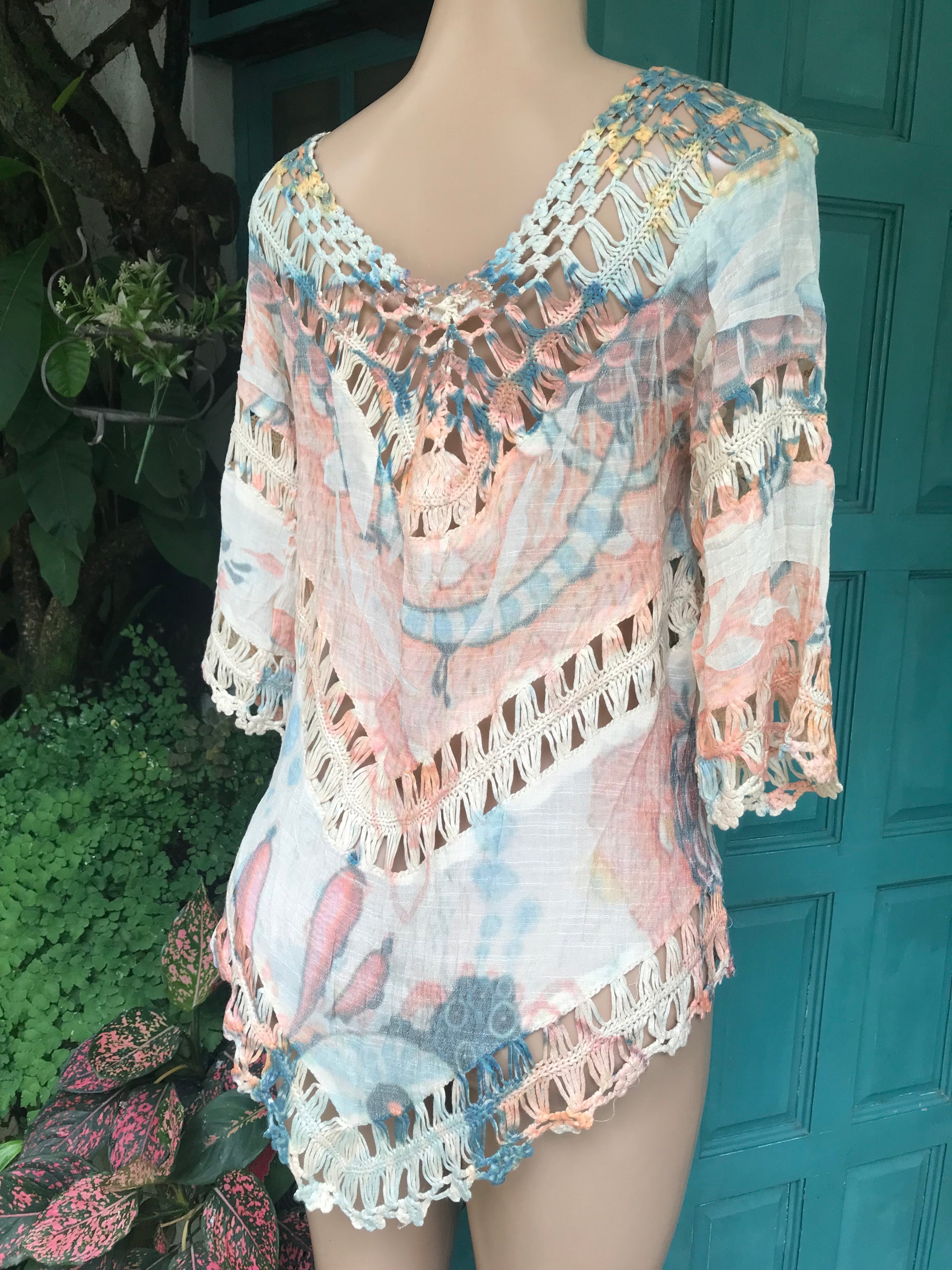 Cotton blend boho pastel crochet blouse mini dress... One size
