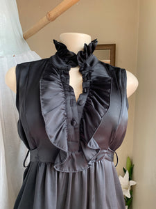 Metallic black button up sleeveless dress with ruffle neckline s