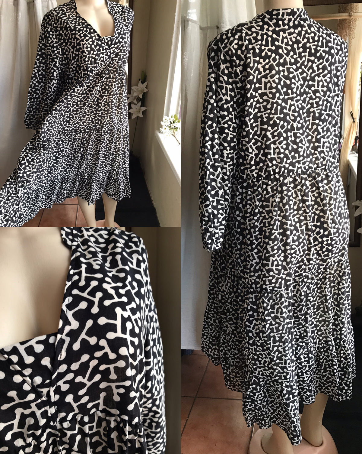 Zara b&w print 100% cotton ruffle midi dress mid sleeve ,,, L