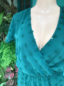 Green pom polka sheer romper pockets ~~~ Slll