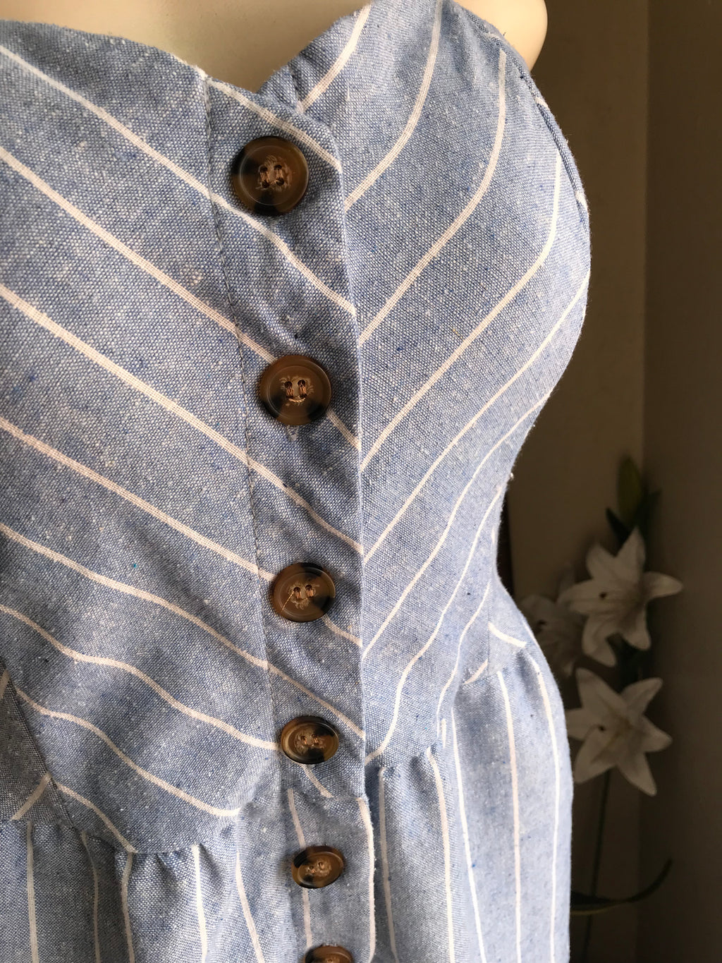 organic blend blue stripe jumpsuit with pockets... m to L,,,