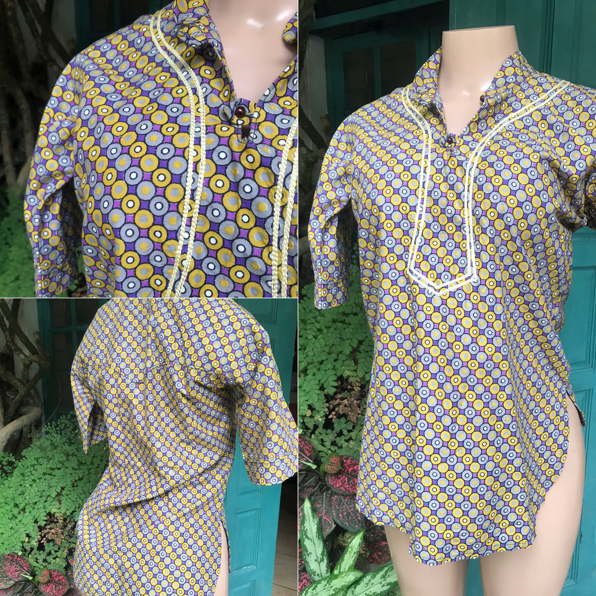 organic vintage print african shirt purple yellow ,,, s/m