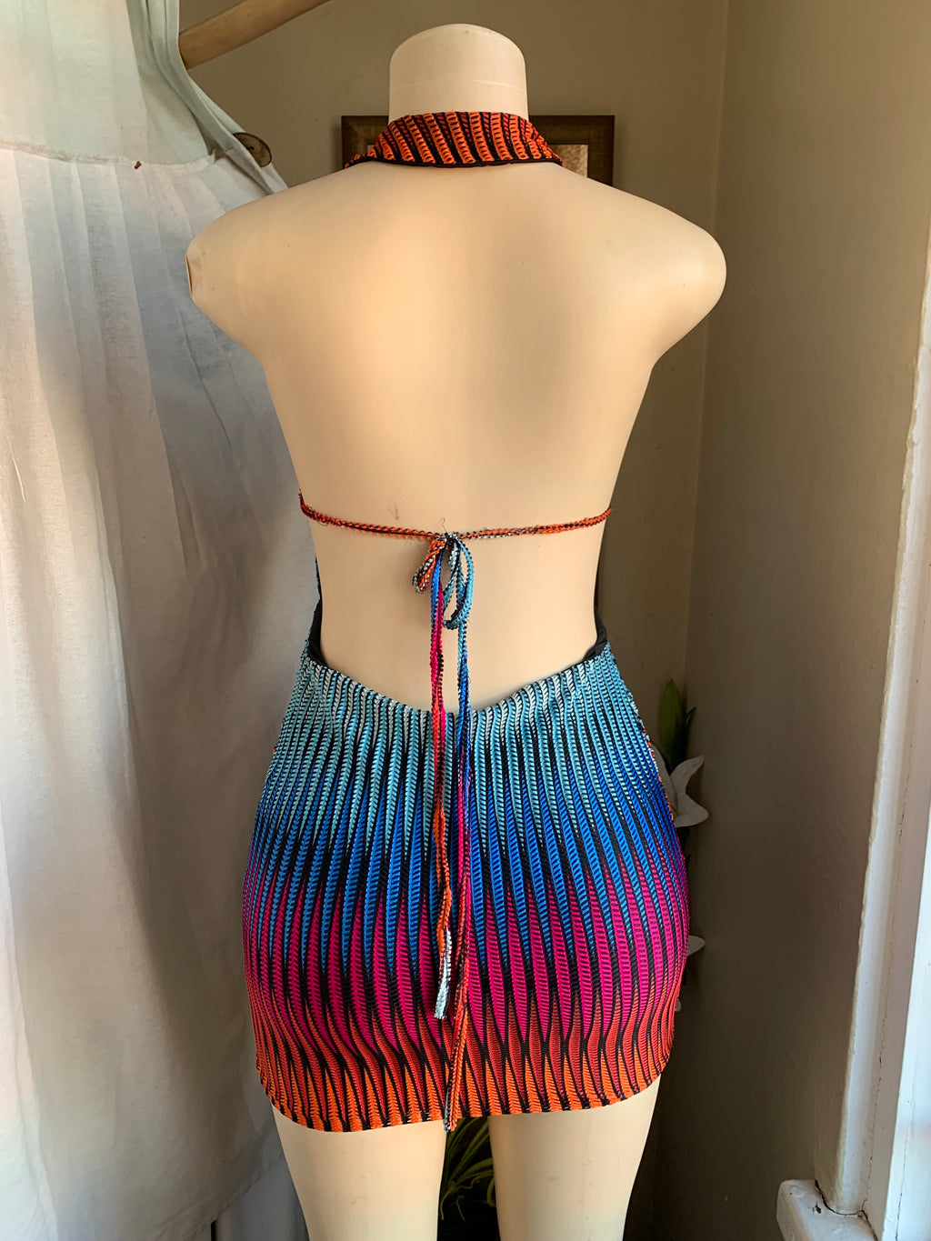 trippy rainbow stretchy mini halter dress backless . s/m