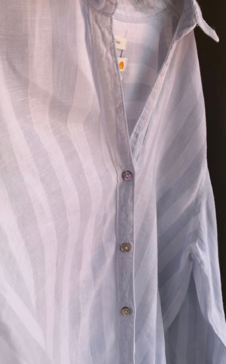 linen blue stripe button shirt ...L