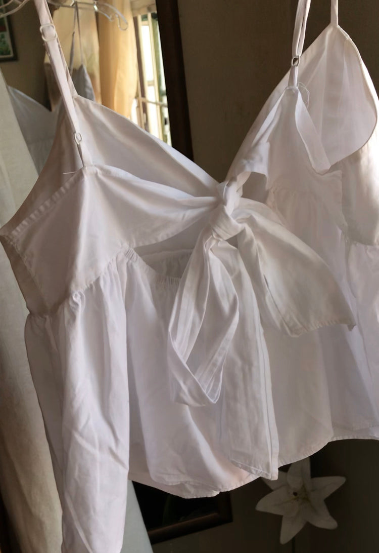 100% cotton white spaghetti babydoll top tied in back ... L