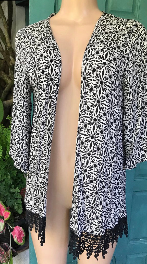 B&w print kimono cover tassel >>> m