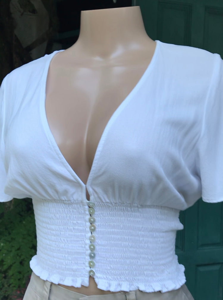 white rayon kimono sleeve top abalone buttons ... m