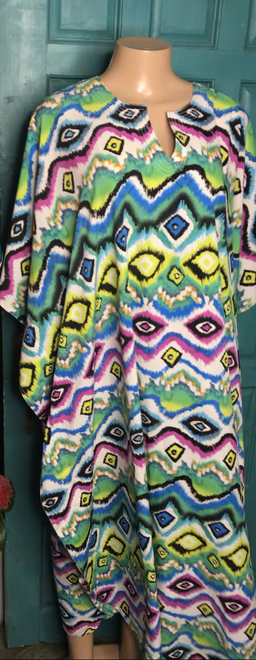 Vintage Print Maxi Kaftan Dress  One Size  green zig zag