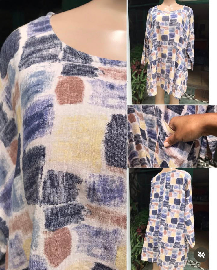 Colour block square print linen long blouse ... /xl ^^^,,,