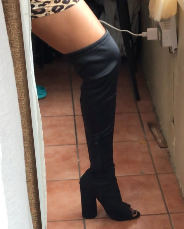 black thigh high peep toe boots  /// size 8 / 8.5