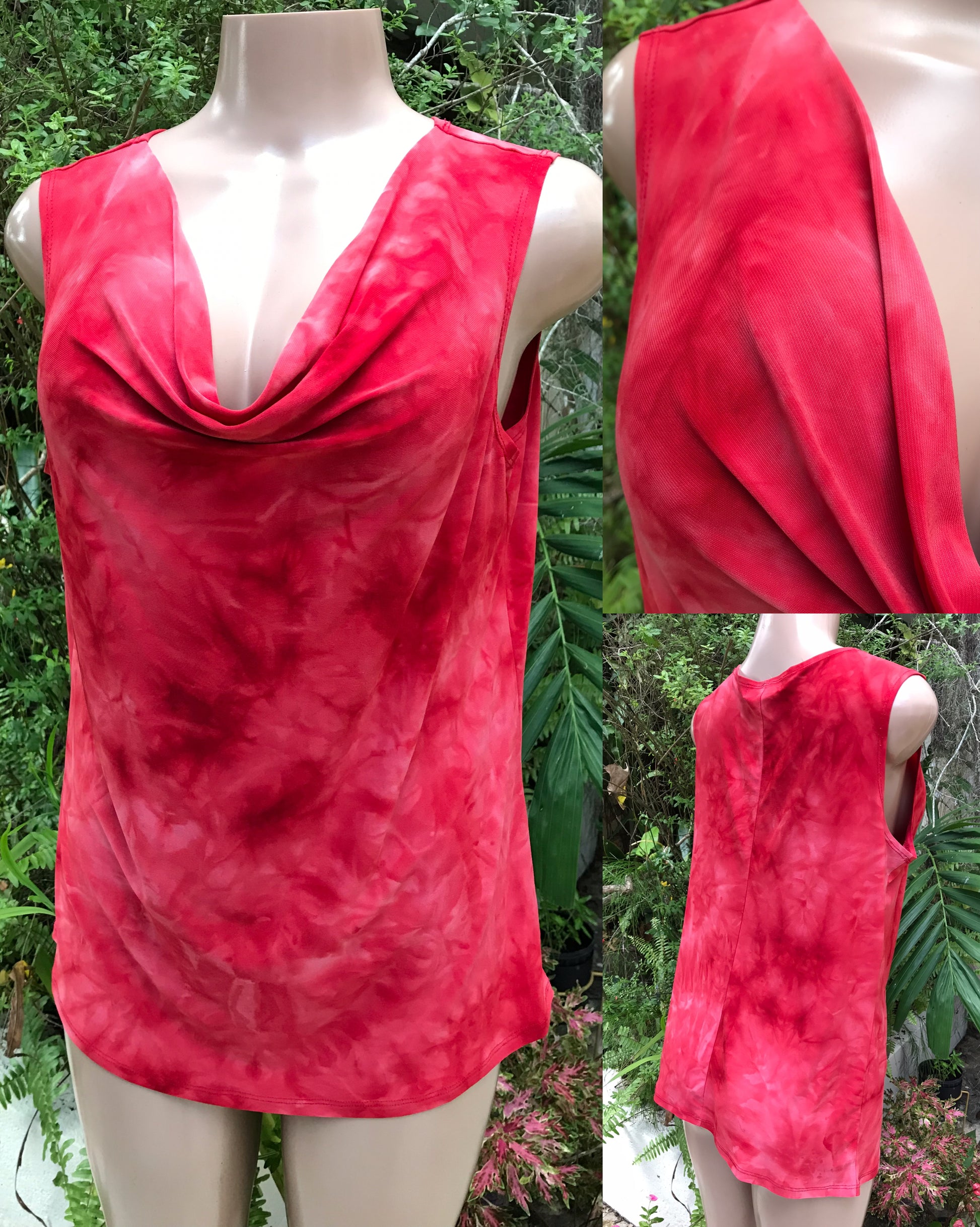 retro red cowl neck sleeveless top semi casual tie die... Large