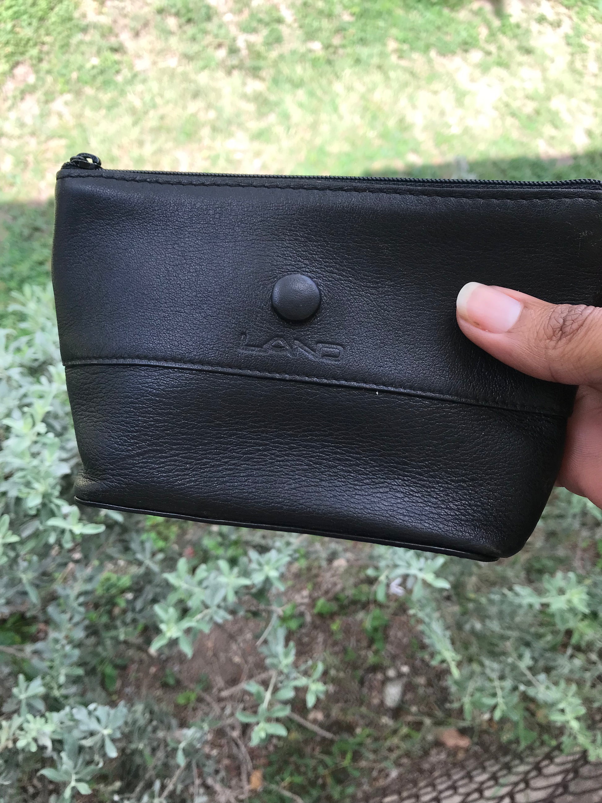 Retro black leather zip coin purse red interior