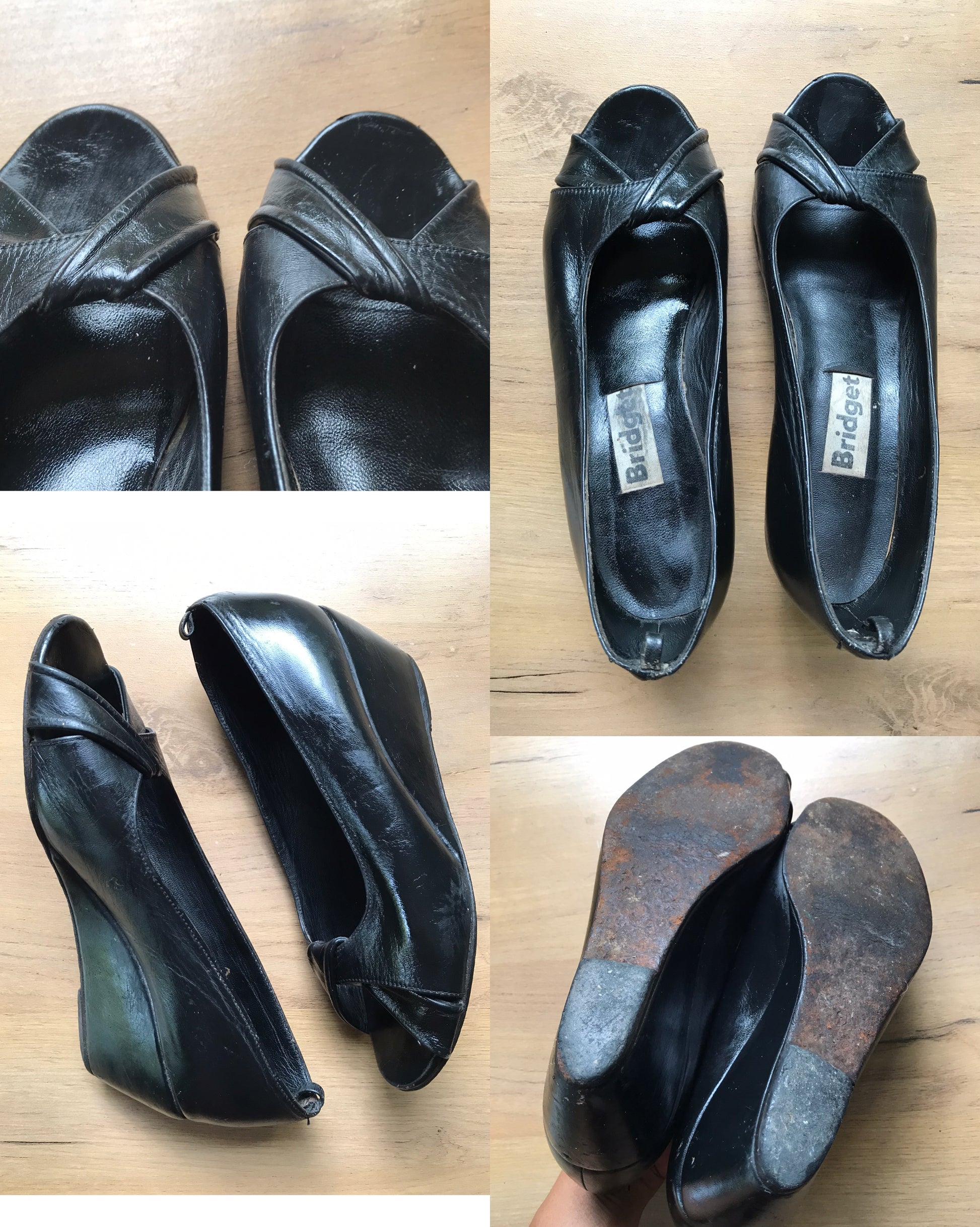 Vintage black leather Bridget wedge heals rare ::: size 8 ^^^
