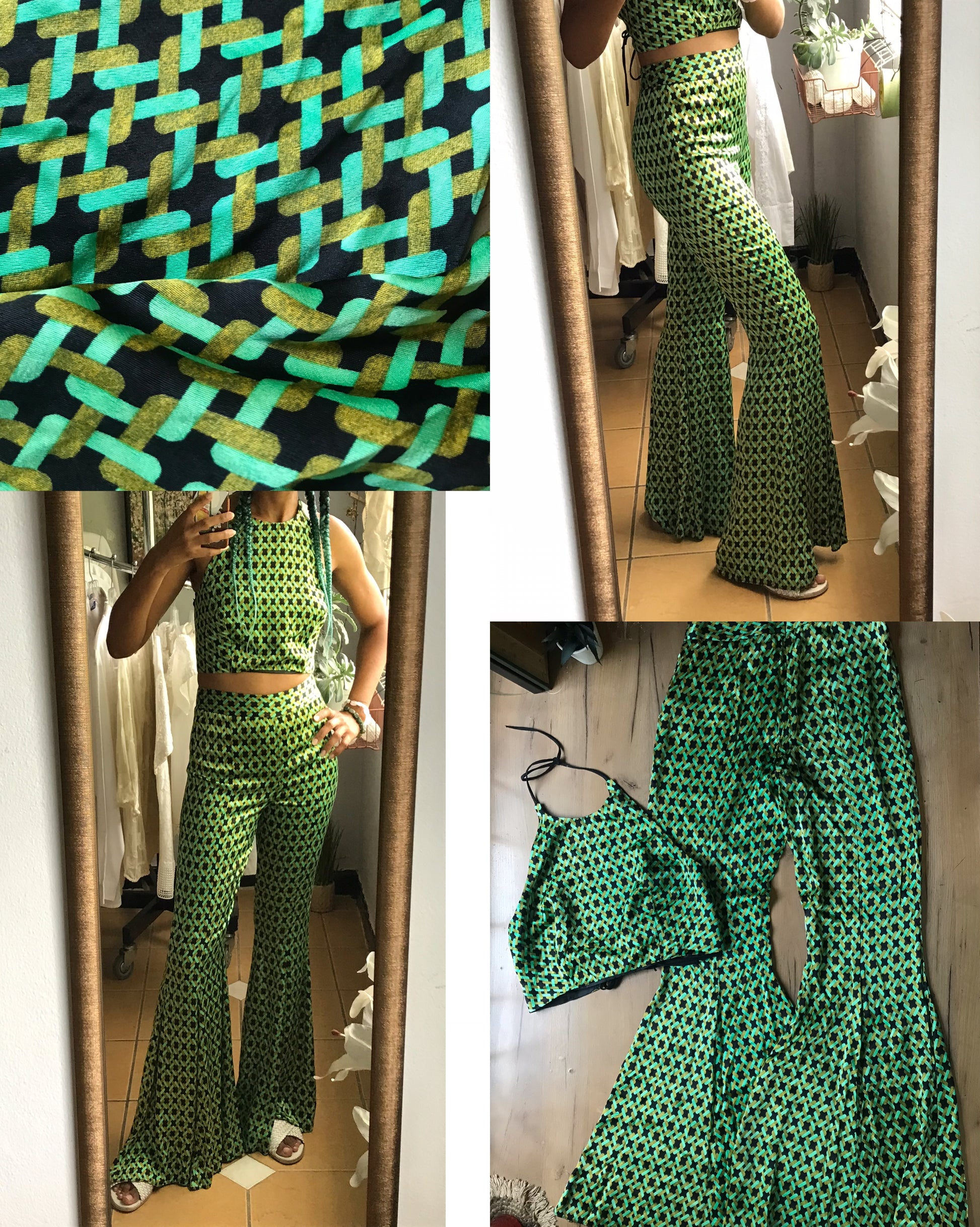 green print halter extra flare silky statement pants set ::: S