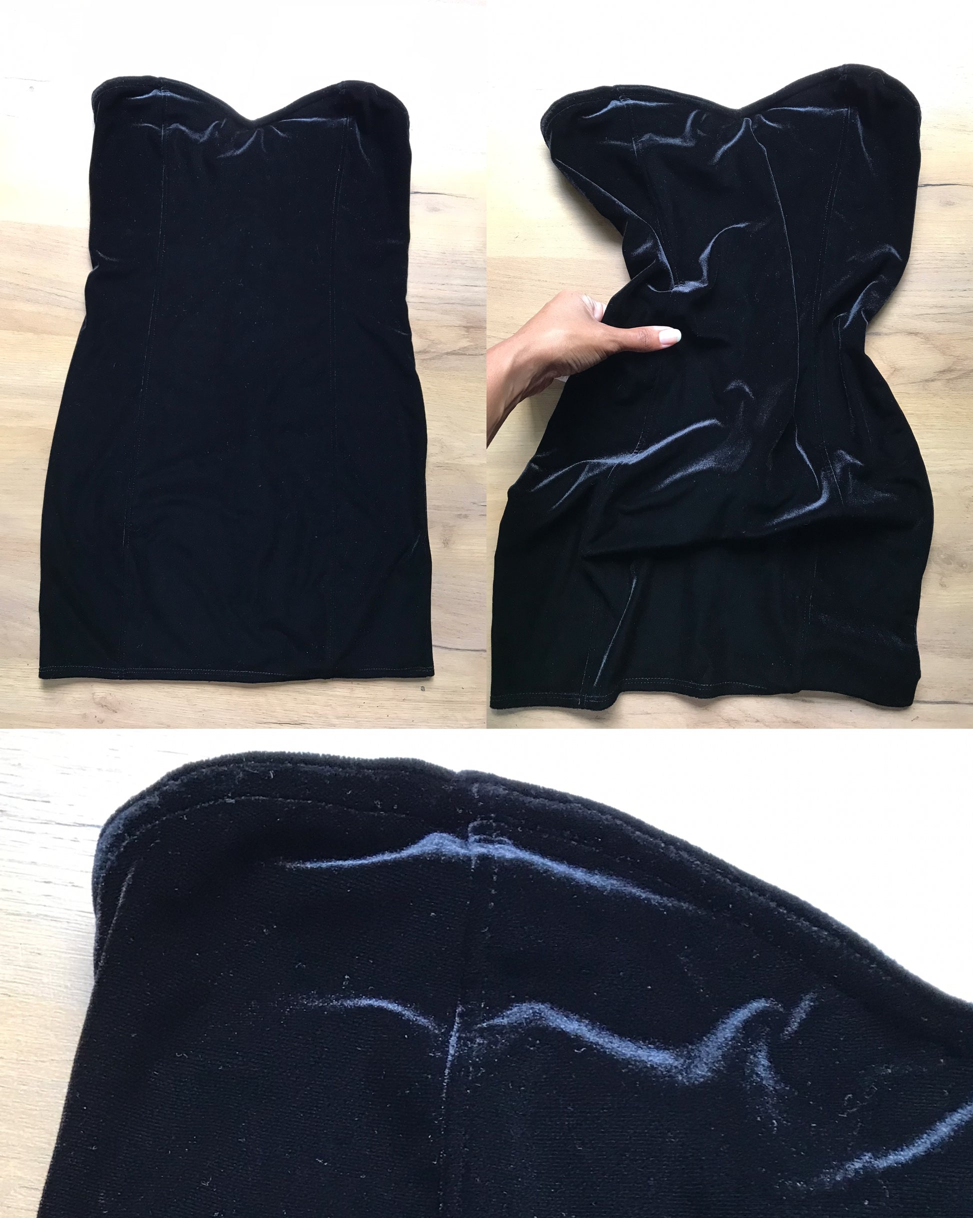 little black sweetheart neck velvet feel mini strapless dress . S