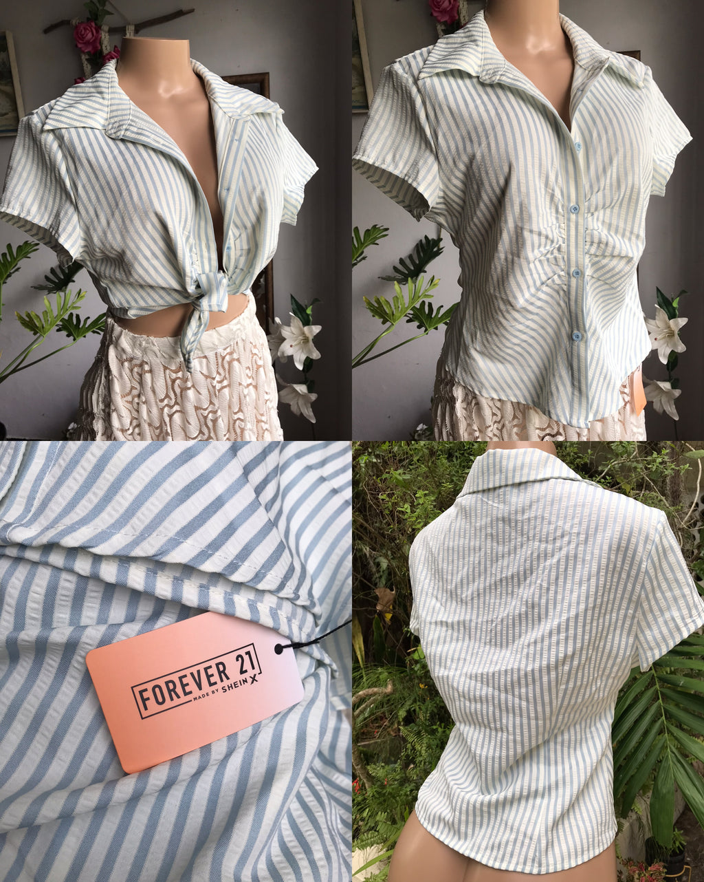 new tag blue stripe ruche button shirt... Large
