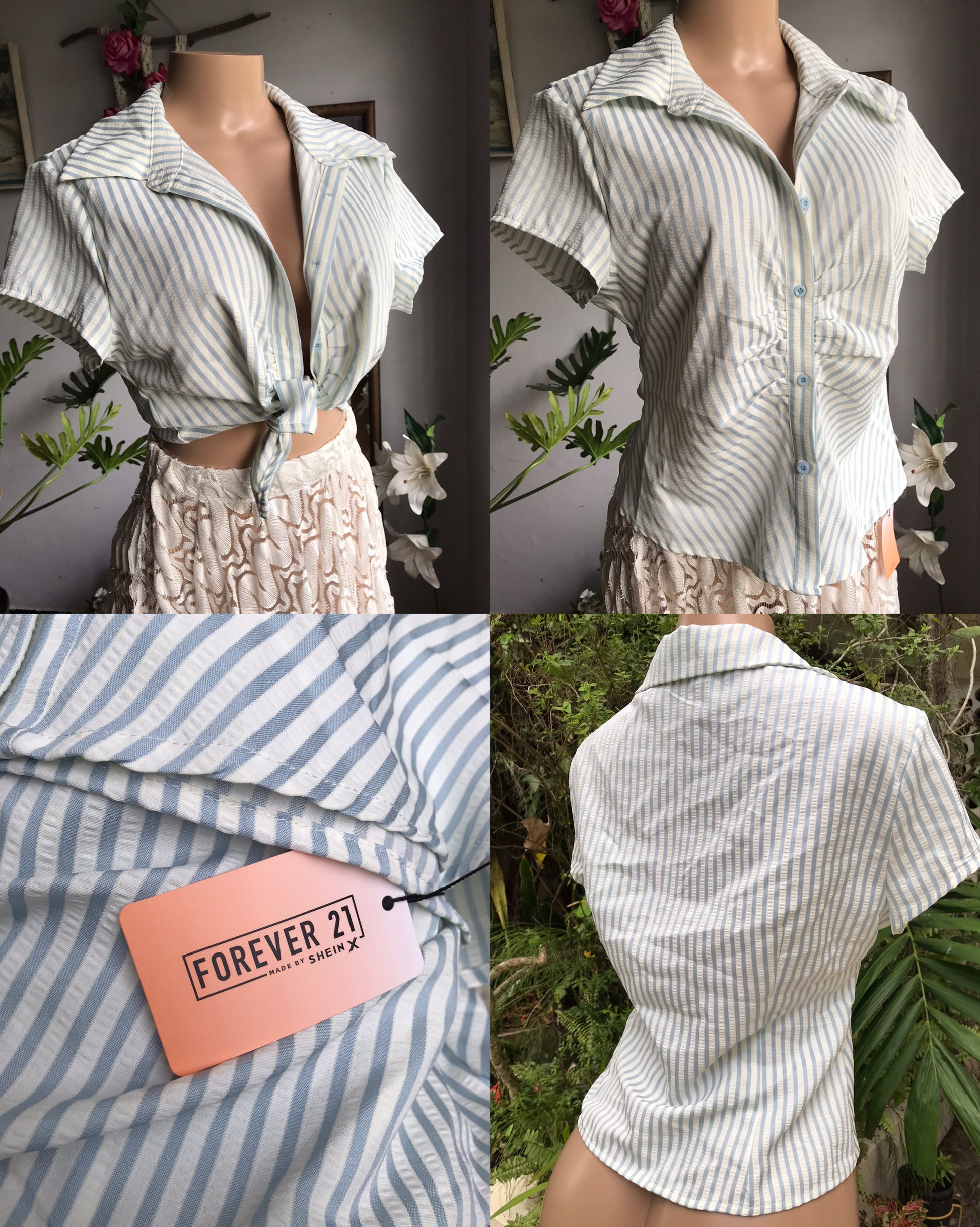 new tag blue stripe ruche button shirt... Large
