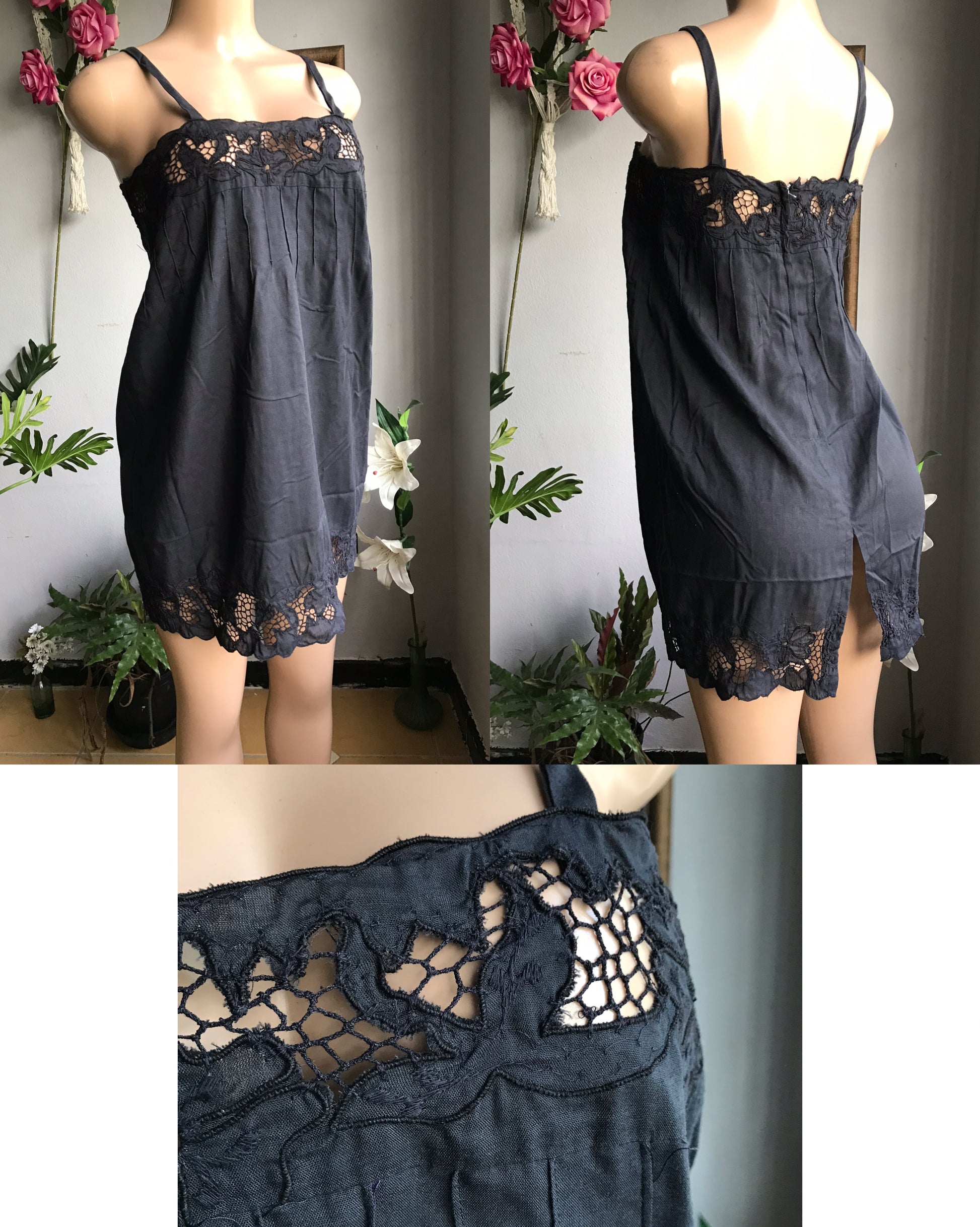 retro cotton sexy black slip dress eyelet made in Jamaica ... M to Large/size 12 ,,,