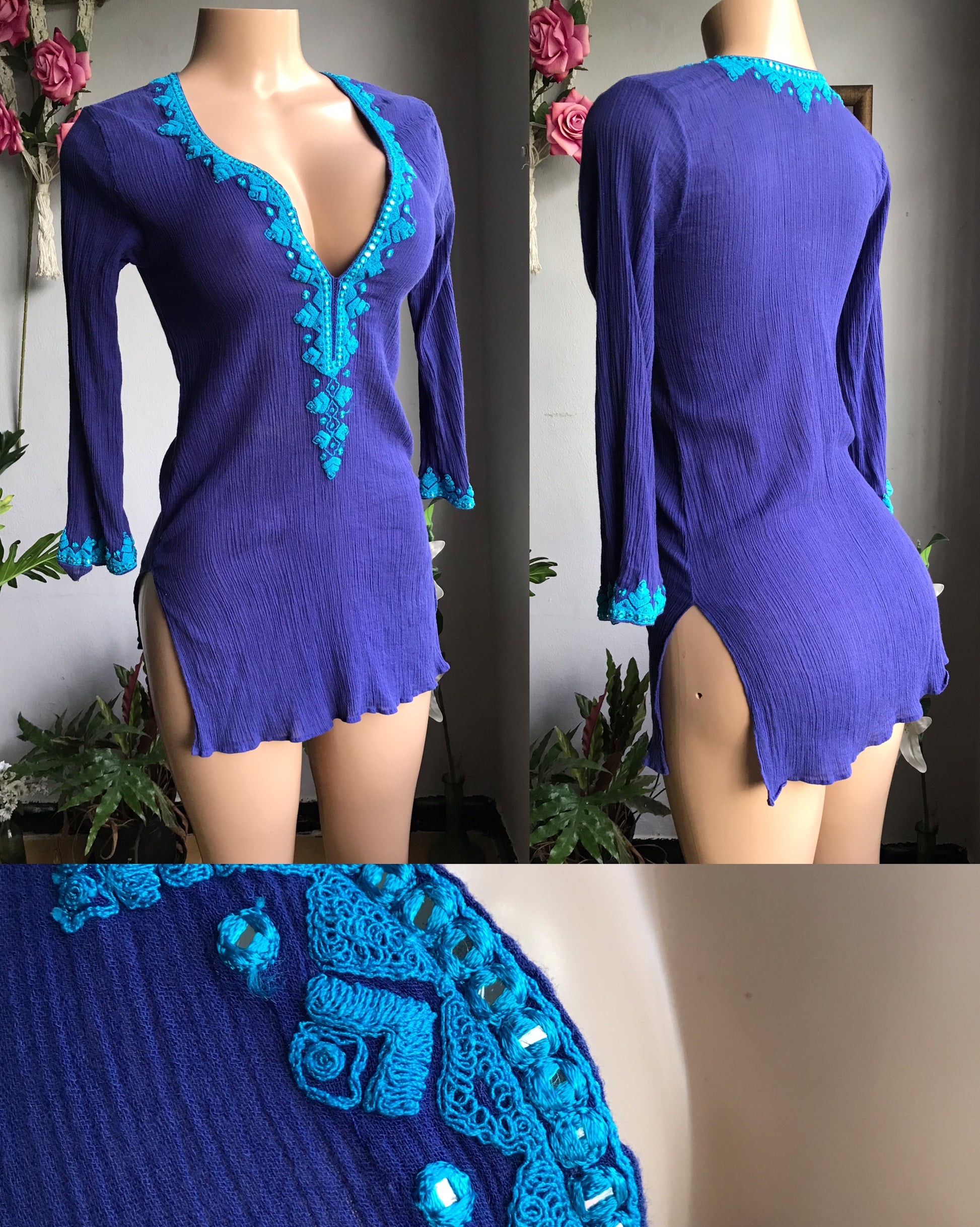 100% cotton Blue crinkle embroidery blouse made in India ... S ,,,